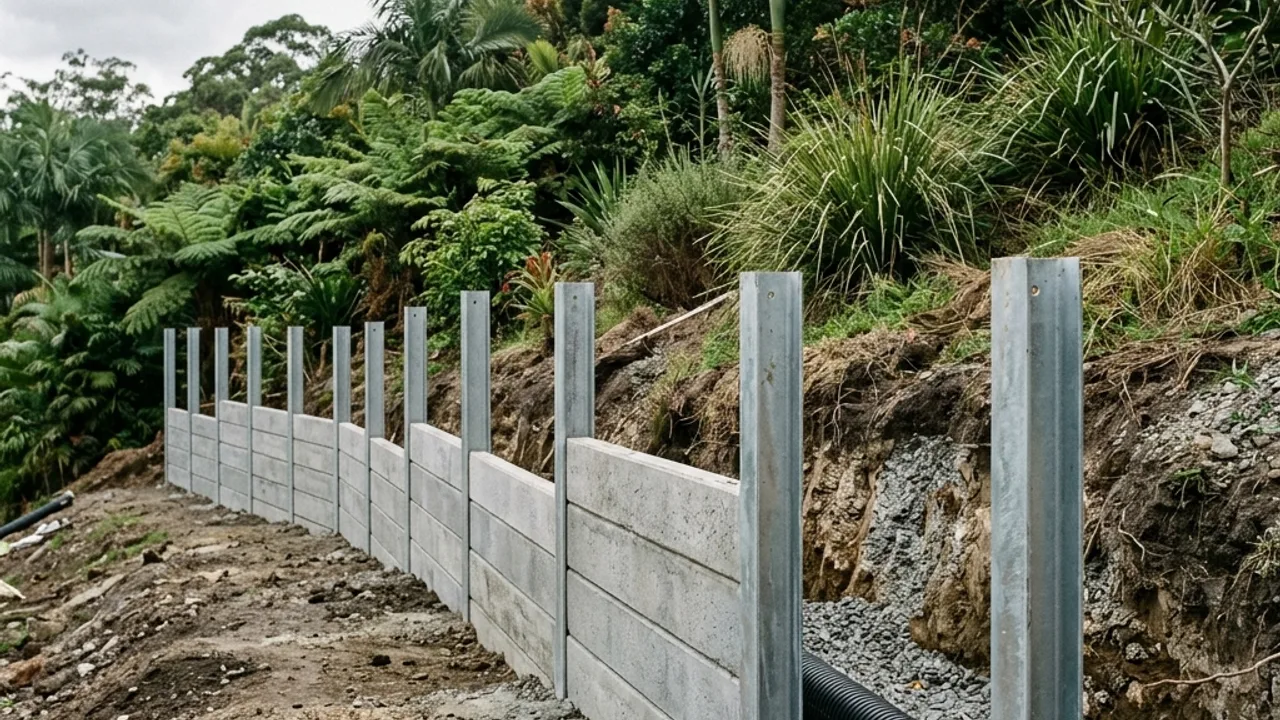 Retaining wall under construction on a sloping Sunshine Coast block