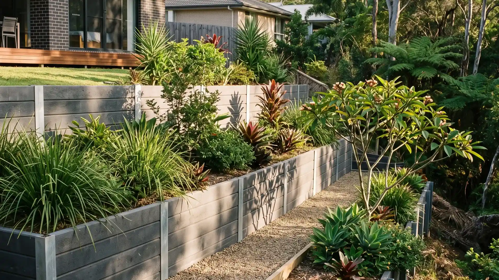 Two-tier concrete sleeper retaining wall holding a falling subtropical block, with gravel drainage visible at the base