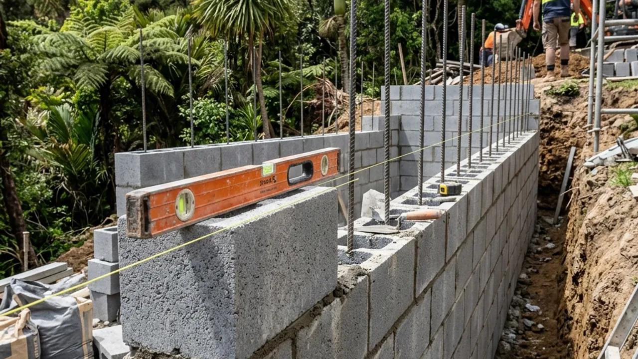 Besser Block Retaining Walls on a Sunshine Coast property, with the slope and drainage visible