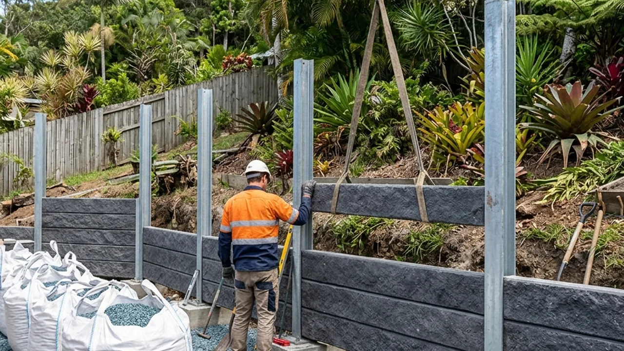 Concrete Sleeper Retaining Walls on a Sunshine Coast property, with the slope and drainage visible