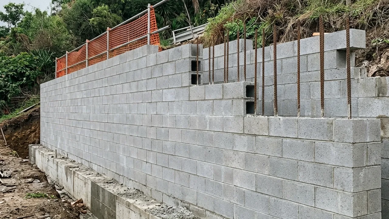 Engineered & Council-Approved Retaining Walls on a Sunshine Coast property, with the slope and drainage visible