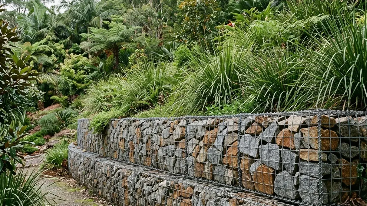 Gabion Retaining Walls on a Sunshine Coast property, with the slope and drainage visible