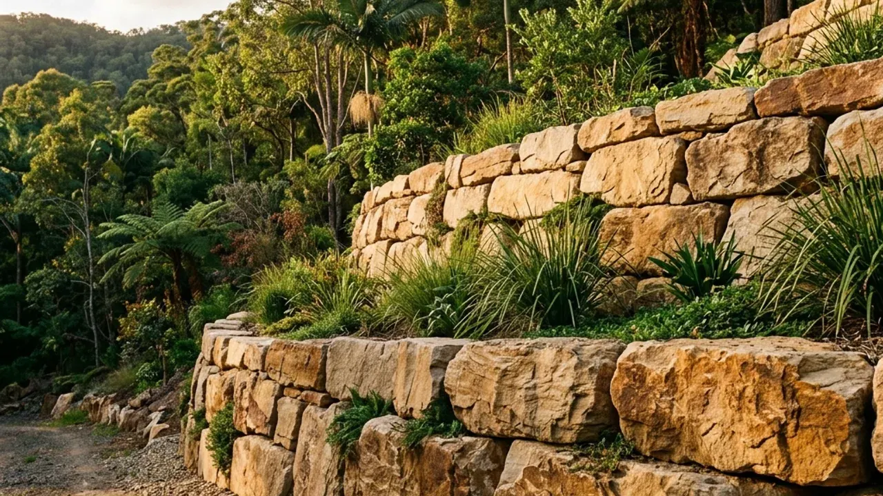 Rock & Boulder Retaining Walls on a Sunshine Coast property, with the slope and drainage visible