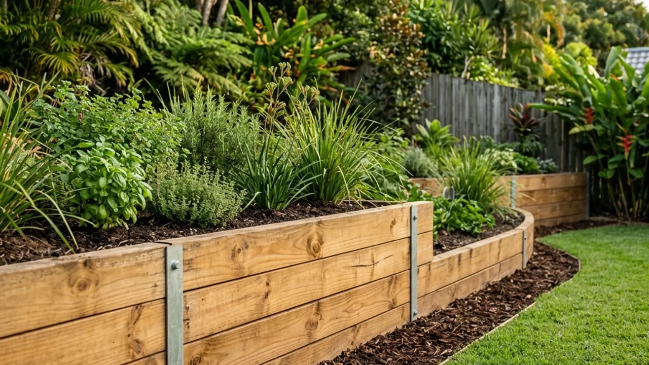 Timber Sleeper Retaining Walls on a Sunshine Coast property, with the slope and drainage visible